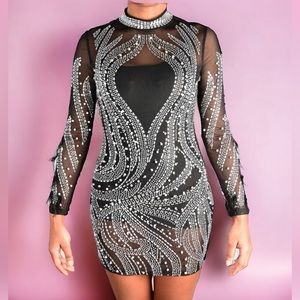 BLACK SEXY SHEER RHINESTONE PARTY DRESS